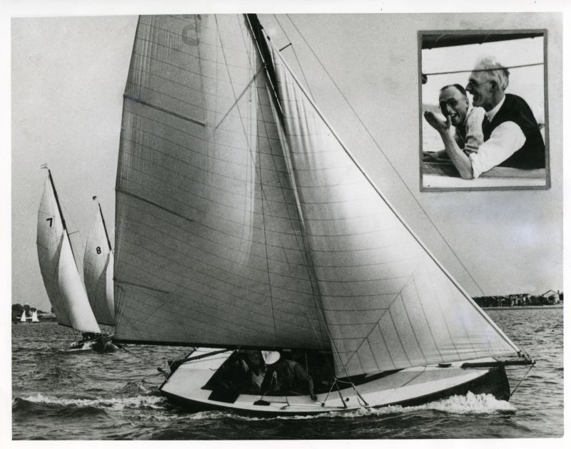  Brightlingsea One-Design SYBIL (No.5), later TILLER GIRL, owned at one time by John Leather, followed by MILDRED (7) (later EDWINA) and EGRET (8) --- inset shows Robert N. Stone designer and builder of these boats. 

Used in The Sailor's Coast P96. 
Cat1 Yachts and yachting-->Sail-->Small yachts / dinghies Cat2 Places-->Brightlingsea