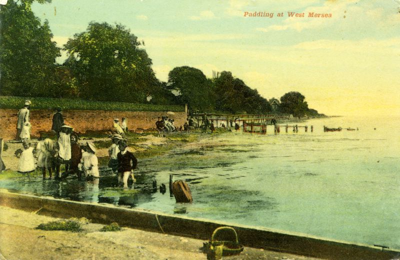  Paddling at West Mersea. The beach near the Monkey steps. Postcard mailed 26 April 1910. 
Cat1 Mersea-->Beach