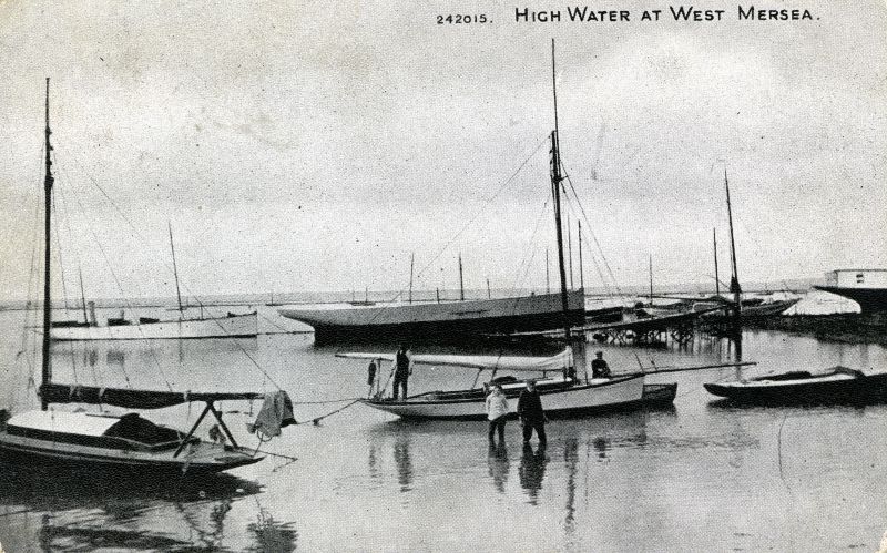  High Water at West Mersea. Yachts. Postcard 242015 sent to Miss Winifred Farthing in Essex County Hospital, 1 March 1923. 
Cat1 Mersea-->Old City & the Hard Cat2 Yachts and yachting-->Sail-->Small yachts / dinghies