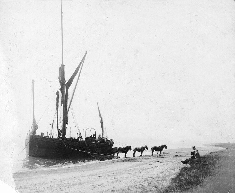  Barge MAFEKING unloading bricks on Mersea beach for building houses in Fairhaven Avenue, West Mersea. 
Cat1 Mersea-->Beach Cat2 Barges-->Pictures