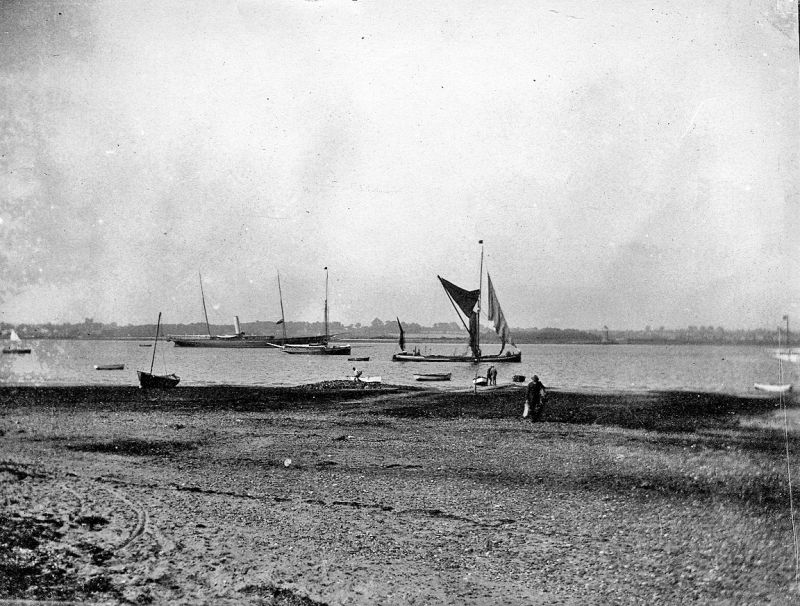  The River Colne from East Mersea. Steam yacht lying in the Pyefleet (VALFREYIA ?) and a barge coming down river. 
Cat1 Places-->Colne Cat2 Barges-->Pictures Cat3 Yachts and yachting-->Steam