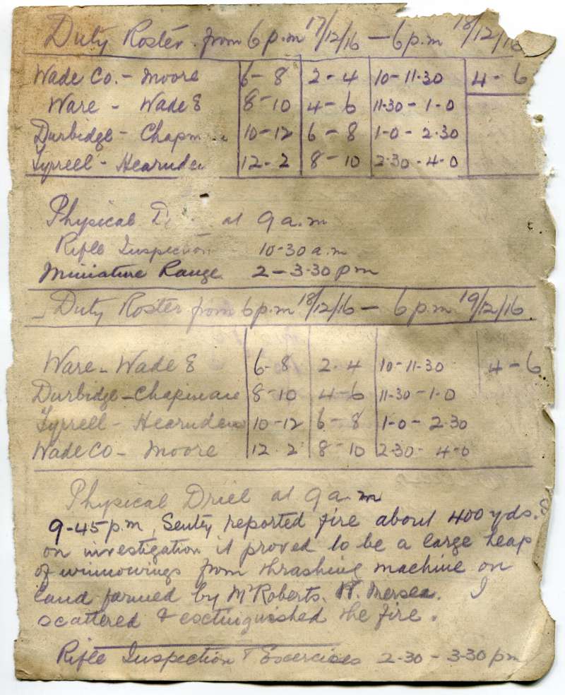  East Mersea Post - Army Duty Roster. 16 December 1916 to 19 December 1916.

9.45pm Sentry reported fire about 400 yds. On investigation it proved to be a large heap of winnowings from thrashing machine on land farmed by Mr Roberts Mersea. Scattered & extinguished fire.

[ Mr Roberts was at Ivy Farm, East Mersea. ] 
Cat1 War-->World War 1 Cat2 Mersea-->East