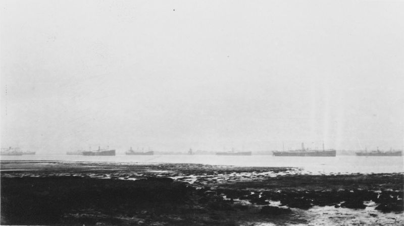 Tollesbury mud - ships laid up in River Blackwater. The engines-aft ship left of centre is thought to be BERWINDLEA which was in the river February 1932 to July 1935. 5,276 tons gross, built 1929. Date: August 1932.