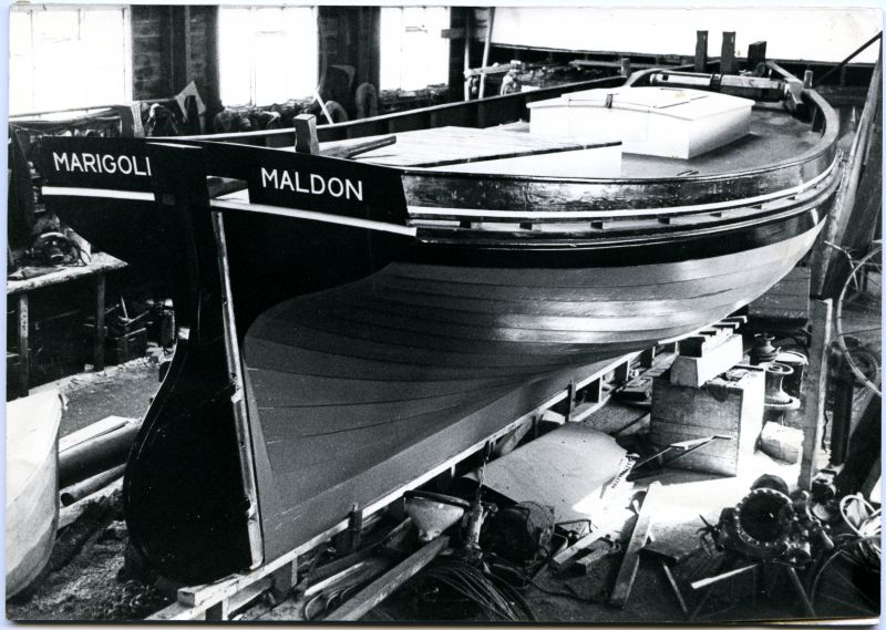  MARIGOLD, a perfect twentieth century reproduction of a mid-nineteenth century shrimper, almost ready to launch at Maldon.

Built by David Patient 1981, photo by Barry Pearce.

Used in Smacks and Bawleys page 11 
Cat1 [Not Set] Cat2 Places-->Maldon Cat3 Smacks and Bawleys
