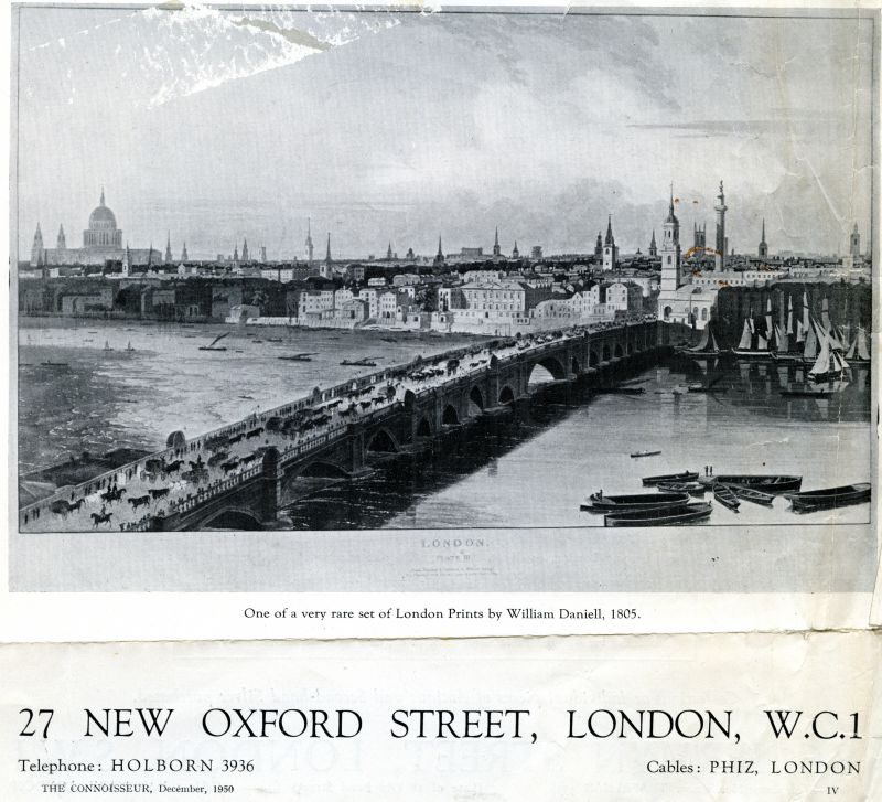  One of a very rare set of London prints by William Daniell, 1805.
Advertised by Walter T Spencer, 27 New Oxford Street. 
Cat1 Barges-->Pictures Cat2 Places-->Thames