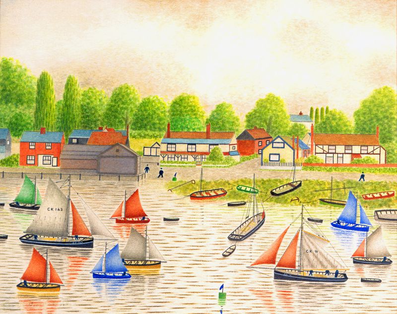  Watercolour by Leslie French of West Mersea. The view shows the Old Victory and The Lane.

Used in The Memories of a Mersea Oysterman by Leslie French, available in the Museum 
Shop.

The original painting for this is in West Mersea Town Council offices. 
Cat1 Art-->Leslie French Cat2 Mersea-->Old City & the Hard