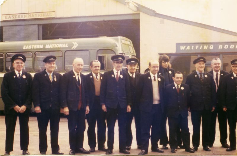  Drivers and conductors at the Eastern National bus station at West Mersea, the day before the depot closed in 1973. Originally built for Primrose buses, it is now the site of MICA and the bus garage is the MICA large hall.

L-R 1. Jack Saye, 2. George Westnedge, 3. Alec Baverstock, 4. Ted Emms, 5. Norman Jaggard, 6. Bill Rudge, 7. Jim Ilsley, 8. Ray Humm, 9. Wilf Cross, 10. John Pavey, 11. ...
Cat1 Transport - buses and carriers Cat2 People-->Other