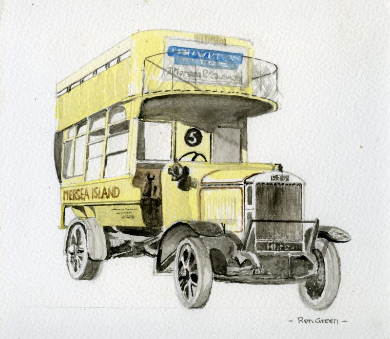  A Karrier Primrose Bus HK5195 built on the chassis of an ex WW1 Army Lorry. Watercolour by Ron Green. 
Cat1 Art-->Ron Green Cat2 Transport - buses and carriers