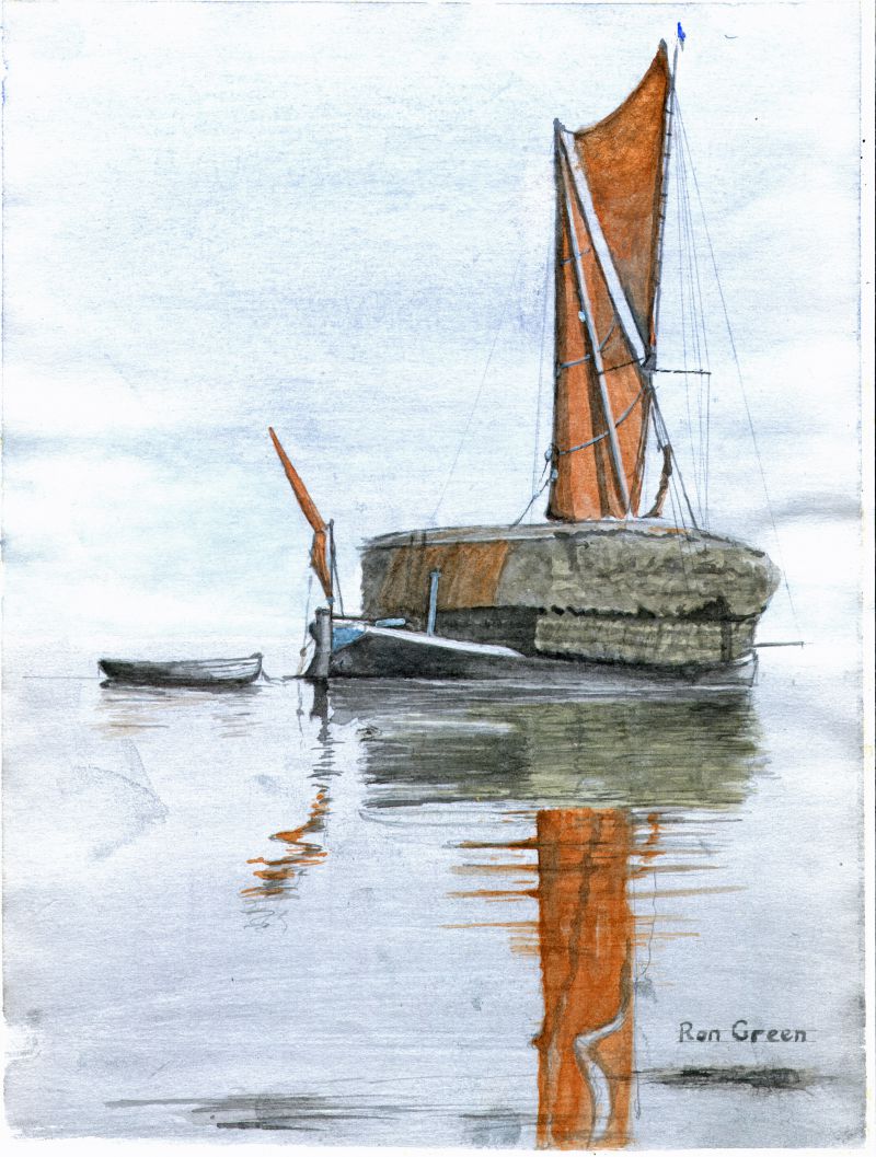  Stackie barge becalmed. Watercolour by Ron Green. 
Cat1 Art-->Ron Green Cat2 Barges-->Pictures