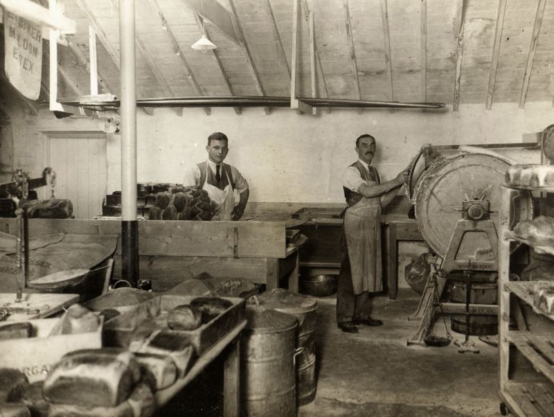  Fred Herbert Smith and Preston Smith in the Bakery at West Mersea Mill. 
Cat1 Mersea-->Shops & Businesses Cat2 Families-->Smith