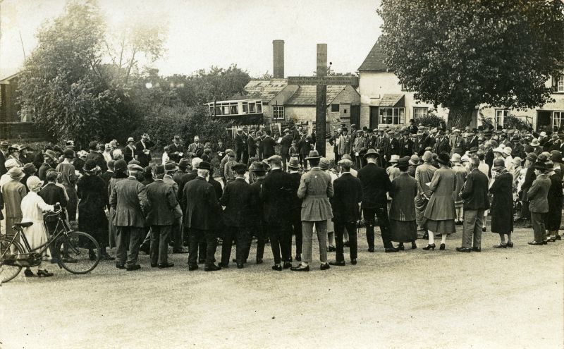  The War Memorial at Layer Cross, Layer de la Haye. It is a large gathering with a band in the background, and is thought to be for the dedication of the War Memorial in the 1920s.




The bus in the background belongs to Clarkes and the board in front of it advertises Clarkes Bus Service.


To the right of the War Memorial, in the background, is the Post Office. Brian Chaplin ...
Cat1 Places-->Layer de la Haye Cat2 War-->World War 1