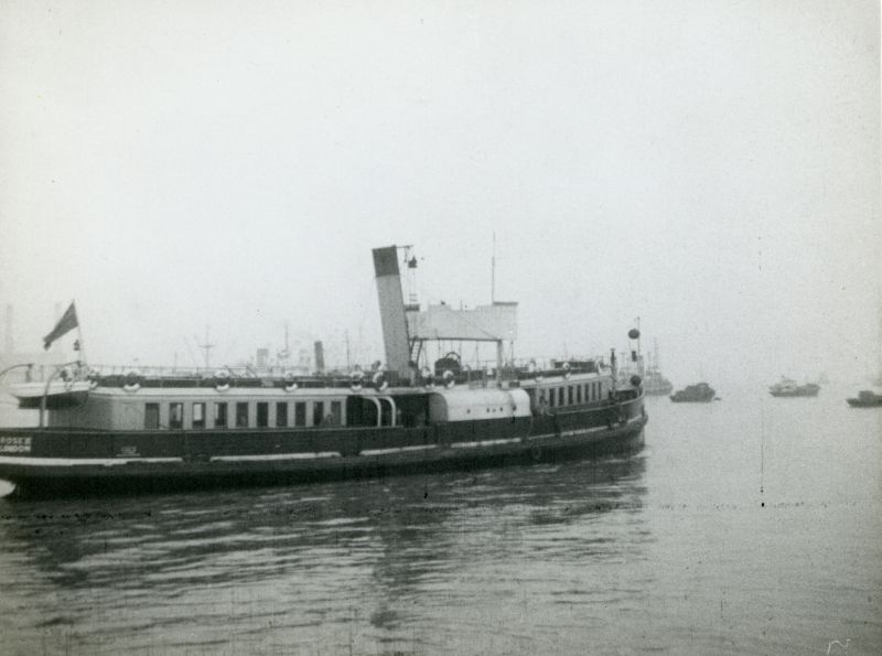  Tilbury Ferry ROSE II in the final year of steam ferry operation. ROSE was one of three passenger ferries. She was built 1901 by A.W. Robertson, Canning Town. In 1961 she was renamed ROSE II to free the name for a new ferry, and ROSE II was broken up in Holland May 1961. Official No. 112843. 
Cat1 Ships and Boats-->Merchant -->Power Cat2 Places-->Thames