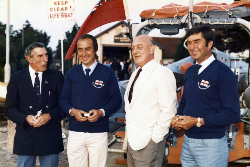  Presentation outside Old Lifeboat Shed. All three members of the Clarke family completed 25 years' service 1988. L-R Albert Clarke, Jim Clarke, Mike Pennell (District Inspector), Peter Clarke 
Cat1 Mersea-->Lifeboat-->Pictures