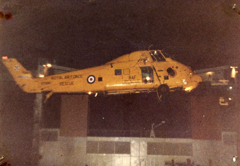 West Mersea Lifeboat pictures - RAF Westland Wessex helicopter and laid up ship CONTENDER BEZANT. Date: c1984.