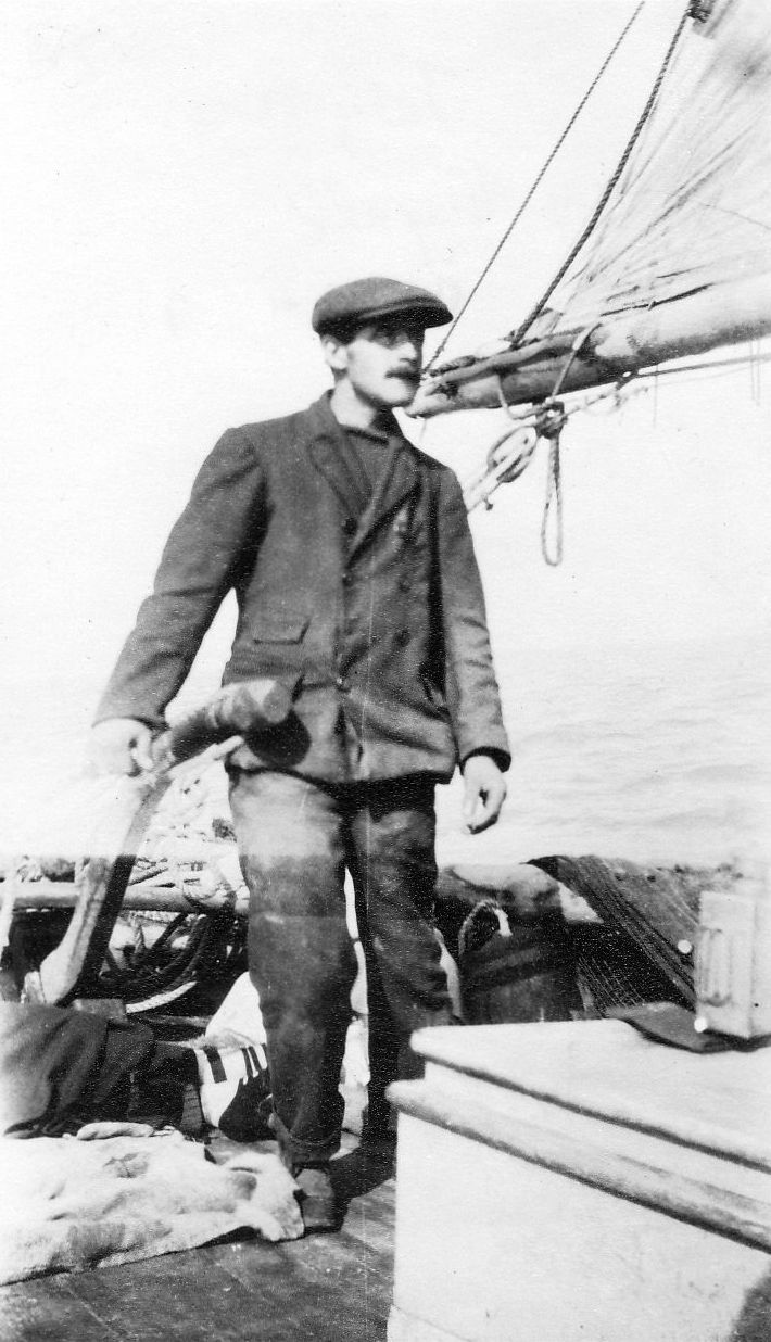  Tollesbury fisherman Harry Myall at the tiller of family smack S.W.H., named for Sidney, William and Harry Myall - taken early 1900s. 

Used in Smacks and Bawleys page 109. CK492 

Used in The Northseamen page 66. 
Cat1 Fishing Cat2 Smacks and Bawleys Cat3 People-->Fishermen and Seamen