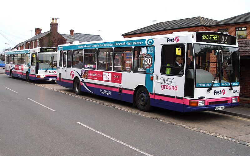  A pair of First Group buses at the terminus outside the MICA in West Mersea. Service 67 at the time was Colchester Hospital to West Mersea, every 30 minutes. It was eventually cut back to Head Street, but in 2014 re-instated to the Hospital. By October 2015 the service was once more terminating in Head Street.


P502MNO and P503MNO - members of a group of 10 Dennis Lance buses that were the ...
Cat1 Mersea-->Road Scenes Cat2 Transport - buses and carriers