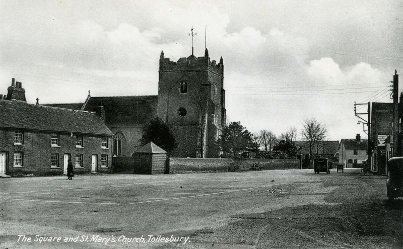  The Square and St. Mary's Church, Tollesbury. Postcard. 
Cat1 Tollesbury-->Buildings Cat2 Tollesbury-->Road Scenes