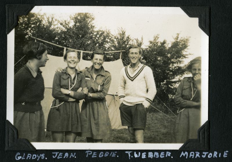  Girl Guides - 1936 Camp. Gladys, Jean, Peggie [ Marriage ], T. Webber, Marjorie 
Cat1 Girl Guides Cat2 Families-->Lord / Marriage