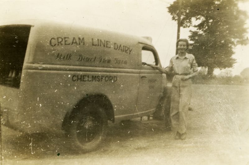  Margaret Penfold drove a milk delivery van in the Halstead area while in the Women's Land Army. Cream Line Dairy, Chelmsford.

Accession No. 2016-10-003F 
Cat1 People-->Land Army Cat2 Transport - buses and carriers Cat3 Museum-->DisplayPhotos