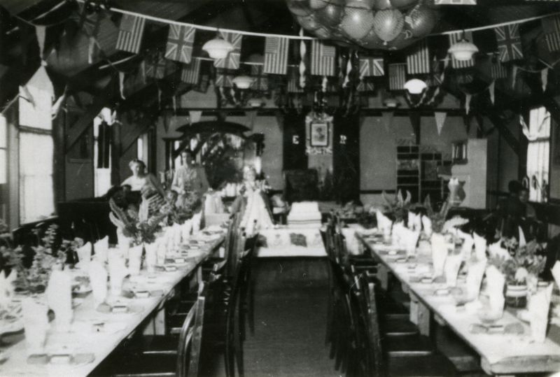  The Fountain Hotel Hall. Setting for the Mill Road area Coronation Street Party.

From Album 2. Accession No. 2016-11-001B 
Cat1 Mersea-->Buildings