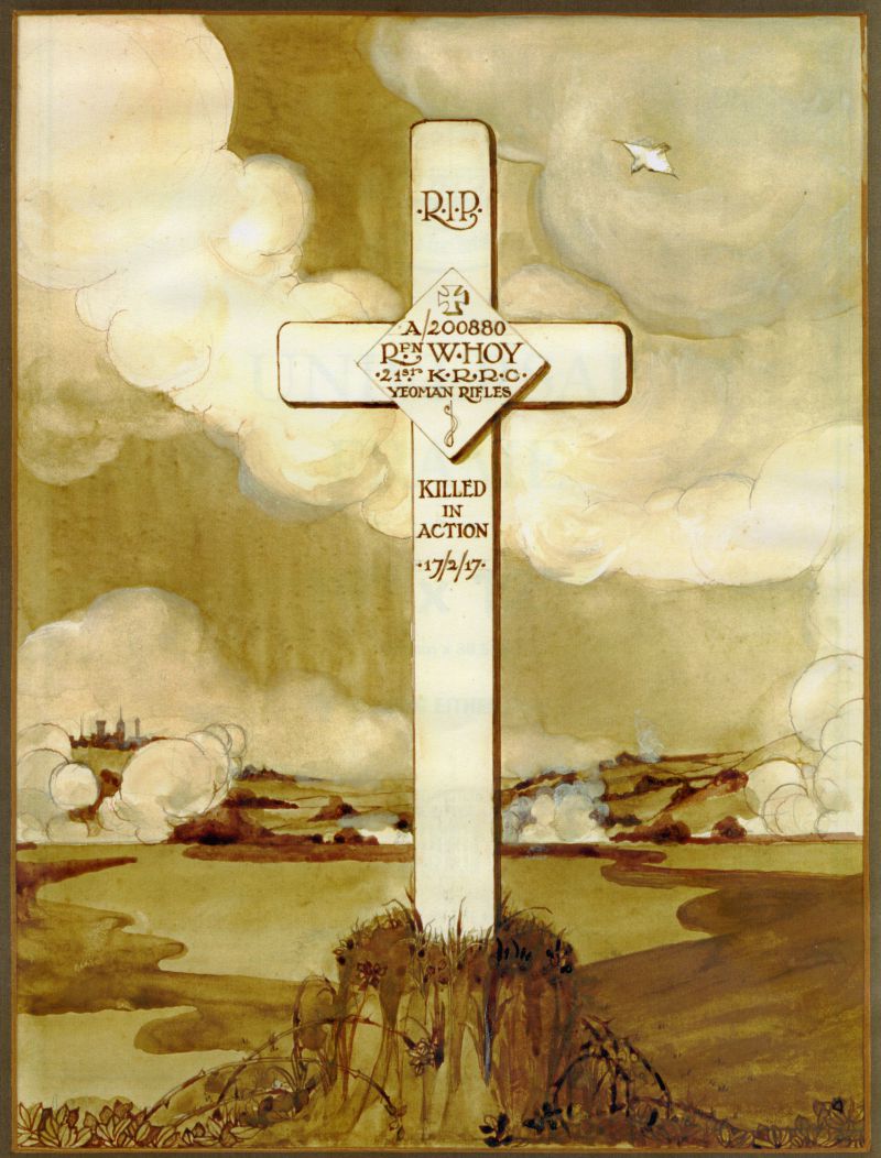  RIP. A/200880 Rfn W. Hoy.

21st K.R.R.C. Yeoman Rifles. 

Killed in Action 17/2/17



Harris William Hoy was killed Bois Carre, Ypres and buried Klein-Vierstraat British Cemetery, Belgium

The original painter is not known.
 
Cat1 War-->World War 1