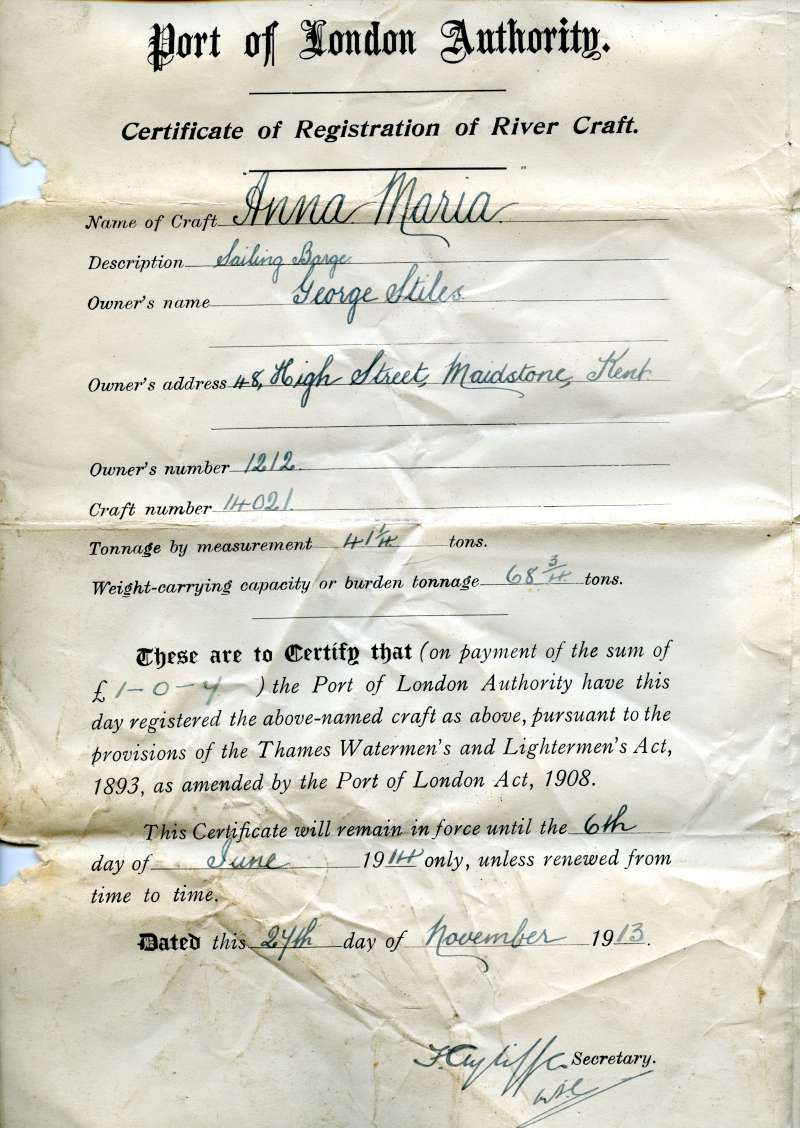  Documents from sailing barge ANNA MARIA 67068.

PLA Certificate of Registration of River Craft.

Owner George Stiles. 
Cat1 Barges-->Documents