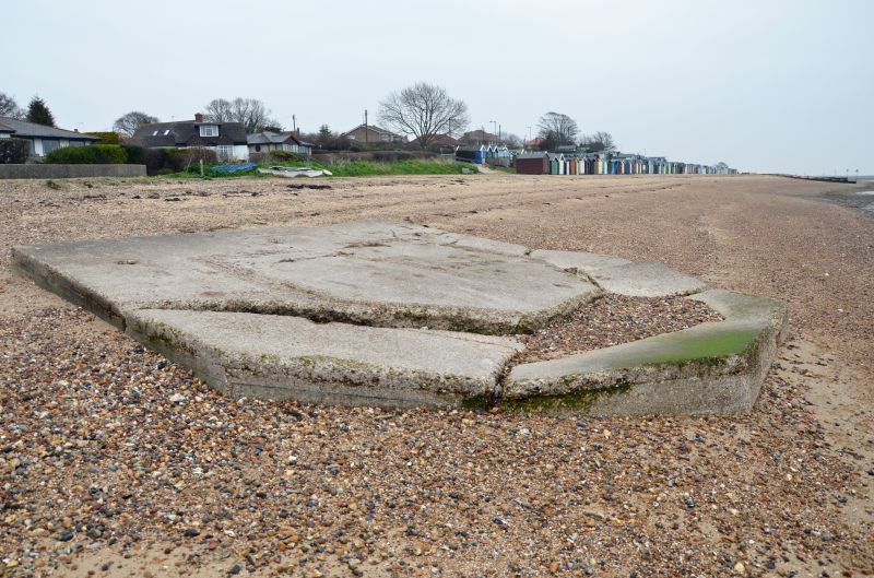  A walk round Mersea Island. WW2 remains. Remains of pillbox near Shears Court flats, looking east towards the corner of Broomhills and Victoria Esplanade.

Essex SMR / EHER 10019. 
Cat1 War-->World War 2 Cat2 Mersea-->Buildings Cat3 Mersea-->Beach