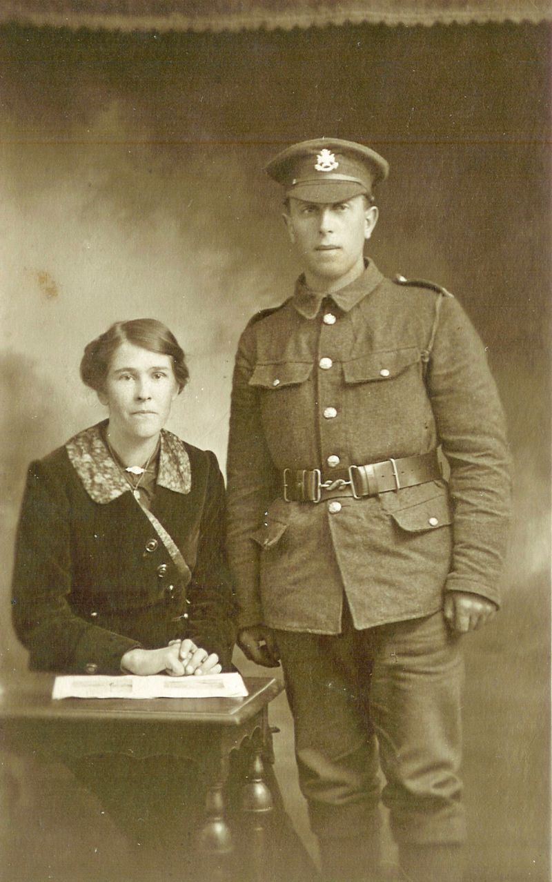  David John Tom Clarry and Emily Gertrude Trim. Date uncertain but it could be when they married in 1919, but no stripes evident on Tom's uniform so possibly 1914. [Alan Smith]. 

Original caption was David (Tom) Clarry his mother Eva Sophia née Green (sister of Abraham)., source not known. 

Used in Alan Smith's biography of Tom Clarry. 
Cat1 Families-->Trim Cat2 Families-->Green