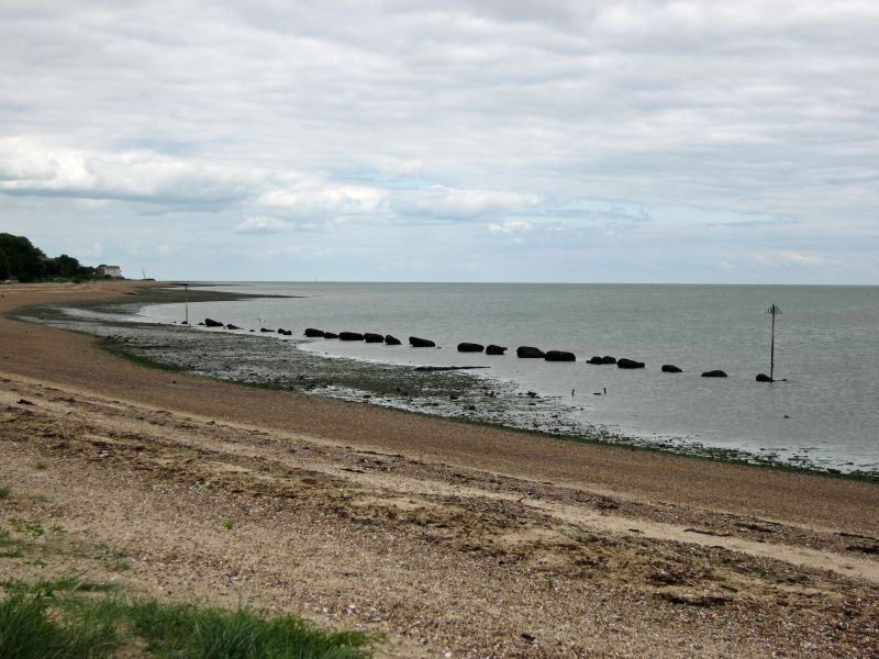  Former World War 2 fortifications by the Monkey Beach, West Mersea. The concrete blocks had been hidden by the mud for several years. They are now slowly disintegrating. 
Cat1 Mersea-->Beach Cat2 War-->World War 2