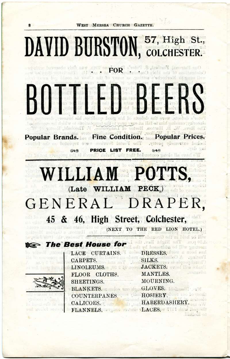  West Mersea Church Gazette page 8.

David Burston for bottled beers

William Potts, draper 
Cat1 Books-->Church Gazette