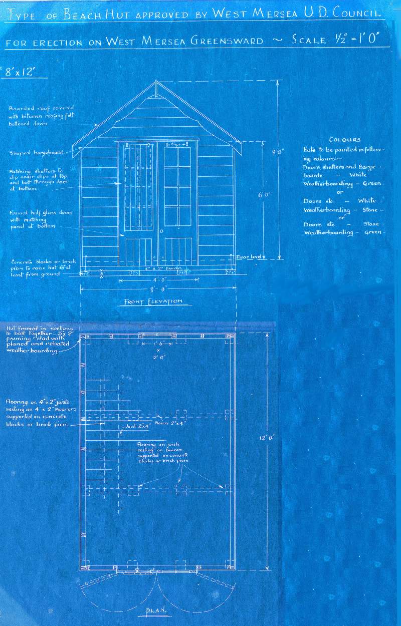  Type of Beach Hut approved by West Mersea Urban District Council for erection on West Mersea Greensward. Post WW2 ? 
Cat1 Mersea-->Buildings Cat2 Mersea-->Beach