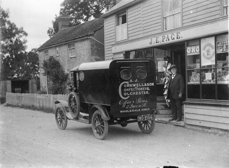  Peldon Shop J.E. Page. The delivery van is from A.J. Cornwell & Son, Confectioners, Colchester. NO2156.

Kelly's 1922 Directory lists J.E. Page as the shop proprietor. 
Cat1 Places-->Peldon-->Shops and Businesses Cat2 Transport - buses and carriers