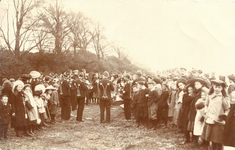  The Island's Drum and Fife Band on the Beach. 
Used in Isle of Mersea by Brian Jay photo no.70 
Cat1 Mersea-->Beach Cat2 People-->Other