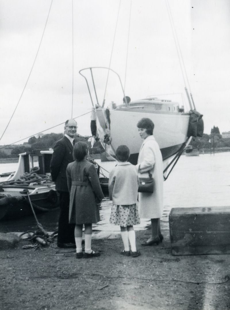  Launch of yacht JANMER, built for Norman Ward at Colne Marine [Guy Harding], Wivenhoe. The yacht was christened by Wigs (Francis) from Colchester, and Ann Ward. 
Cat1 Yachts and yachting-->Sail-->Larger Cat2 Places-->Wivenhoe-->Shipyards