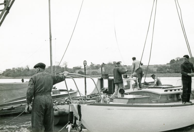  Launch of yacht JANMER, built for Norman Ward at Colne Marine [Guy Harding], Wivenhoe. 
Cat1 Yachts and yachting-->Sail-->Larger Cat2 Places-->Wivenhoe-->Shipyards