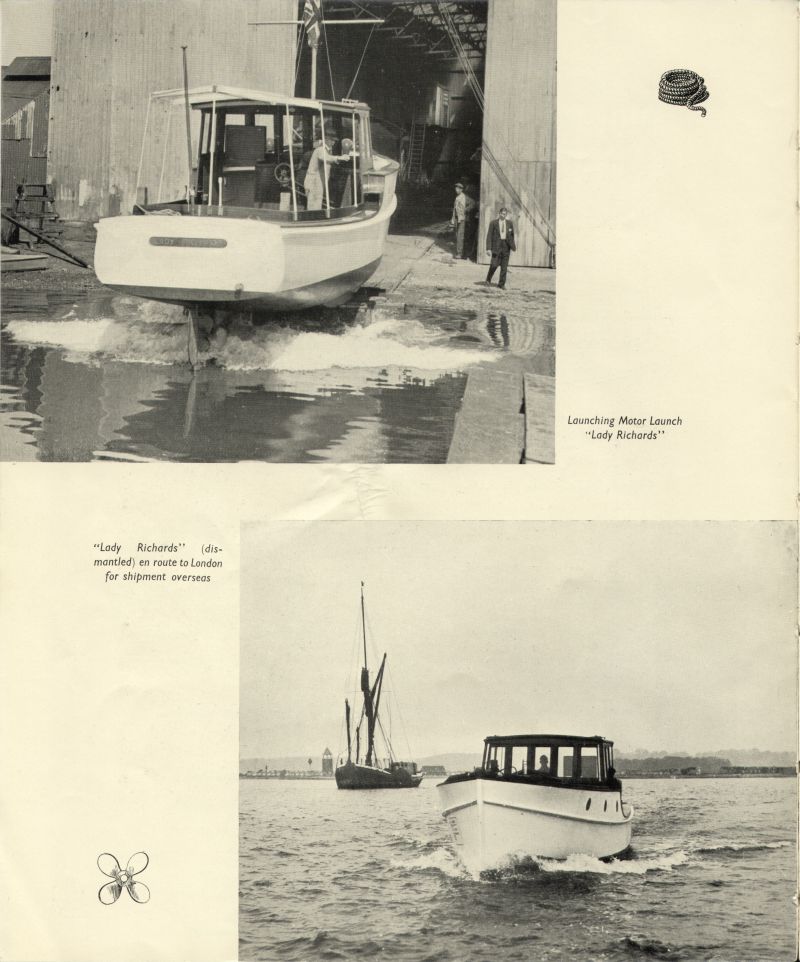  Aldous Successors Ltd catalogue --- page 40. Motor Launch LADY RICHARDS launch and departure. 
Cat1 Places-->Brightlingsea-->Shipyards Cat2 Ships and Boats-->Launches