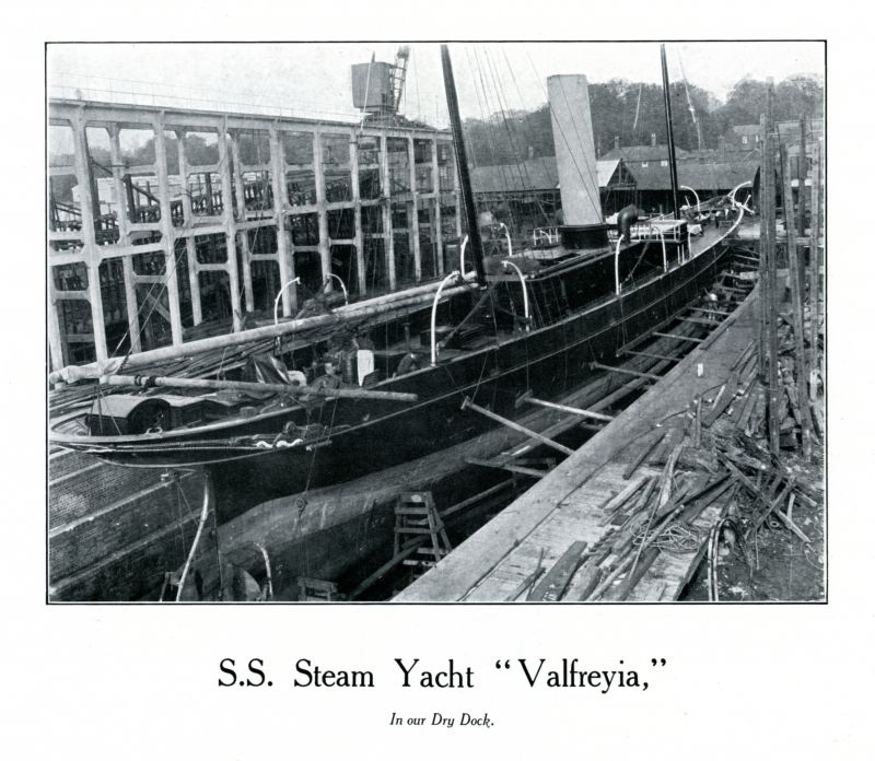  S.S. Steam Yacht VALFREYIA in dry dock. Page from Otto Andersen catalogue. 
Cat1 Places-->Wivenhoe-->Shipyards Cat2 Yachts and yachting-->Steam