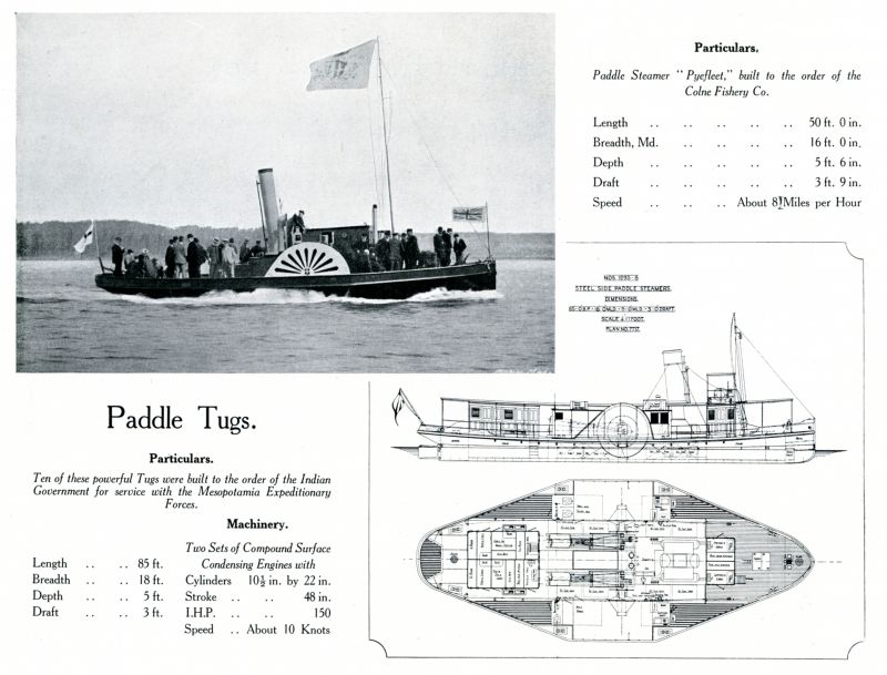  Paddle Steamer PYEFLEET built to the order of the Colne Fishery Company.

Paddle Tugs --- 10 built to the order of the Indian Government for service with the Mesopotamia Expeditionary Forces. Yard Numbers 1293 to 1296.

A page from the Otto Andersen catalogue.

PYEFLEET CK28 Official No. 104489. 
Cat1 Places-->Wivenhoe-->Shipyards Cat2 Fishing