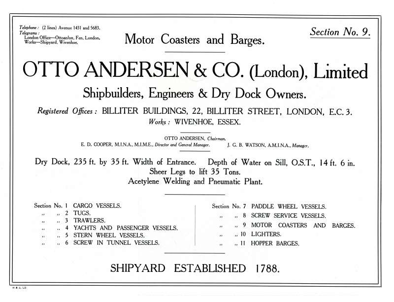  Otto Andersen catalogue, Section No. 9, Motor Coasters and Barges 
Cat1 Places-->Wivenhoe-->Shipyards