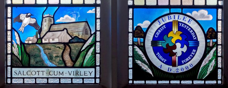  St Mary the Virgin Parish Church, Salcott cum Virley.

New panels in a north nave window commemorating the new millennium, made by Susan McCarthy of Aura Visions in 2000. The left light has a charming view of the church by a stream, in the right light a roundel proclaiming a Gospel message set against a rural background.

[Chris Parkinson] 
Cat1 Places-->Salcott & Virley