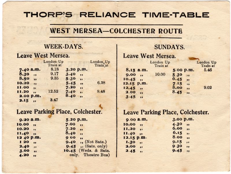  Thorp's Reliance Time Table

West Mersea - Colchester Route 
Cat1 Transport - buses and carriers