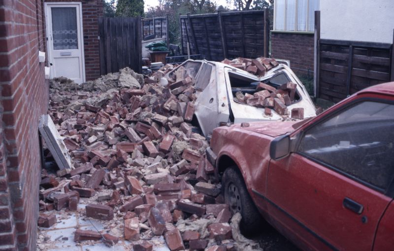  1987 Hurricane. Kingsland Road. One of a collection of slides on show in the Museum - taken by Len Harvey after the Great Storm of 1987. 
Cat1 Disasters and Mishaps-->on Land Cat2 Mersea-->Buildings Cat3 Weather