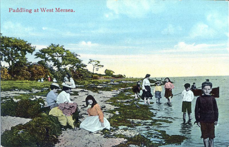  Paddling at West Mersea beach. Another copy of this postcard is postmarked 1908. B&W version is used on cover of Brierley Hall Estate brochure, attributed to Cleghorn. 
Cat1 Mersea-->Beach