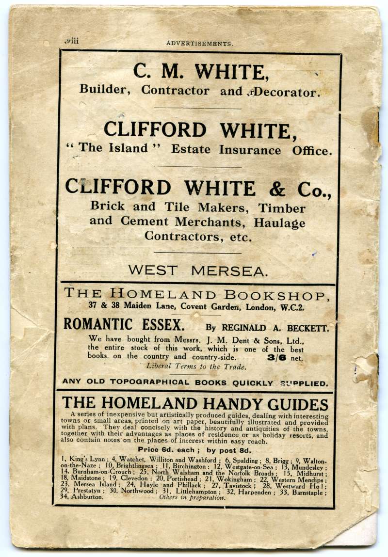  Homeland Handy Guides - Mersea Island. Back cover. 
Cat1 Books-->Mersea Guides-->1920s Cat2 Mersea-->Shops & Businesses