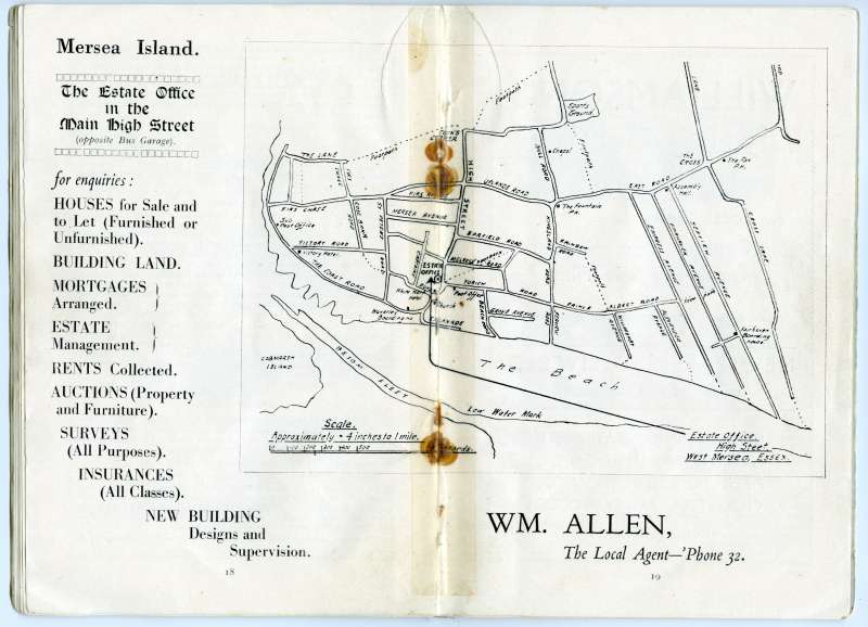  West Mersea Official Guide. Page 18-19. Map of West Mersea. Wm. Allen, The Estate Office. 
Cat1 Books-->Mersea Guides-->1935 Cat2 Maps and Charts