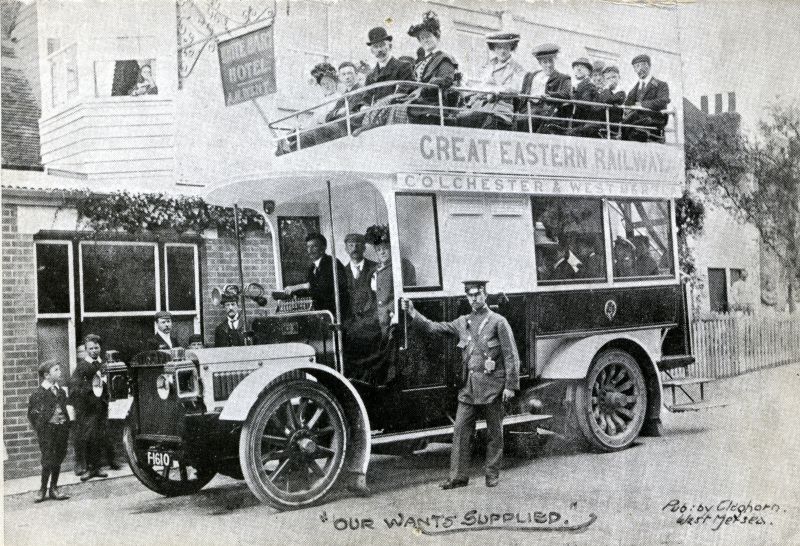  Our Wants Supplied. Great Eastern Railway bus F1610 outside the White Hart, West Mersea. Jack Saye says that the conductor standing in front of the bus is Sooty Mussett [Lions Talking Magazine 59].

Cleghorn photograph. A copy of this was mailed 4 July 1906 
Cat1 Mersea-->Pubs Cat2 Transport - buses and carriers