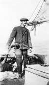 19. ID ATR_SWH_003 Tollesbury fisherman Harry Myall at the tiller of family smack S.W.H., named for Sidney, William and Harry Myall - taken early 1900s. 
Used in Smacks and ...
Cat1 Fishing Cat2 Smacks and Bawleys Cat3 Smacks and Bawleys