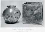  Opening of Romano-British Barrow opposite page 130.
 The Glass Urn and Leaden Casket.
 From a photo by Mr A.G. Wright. Arthur Wright was Curator at Colchester Museum while the barrow was being excavated in 1912.  MOR_129_003
