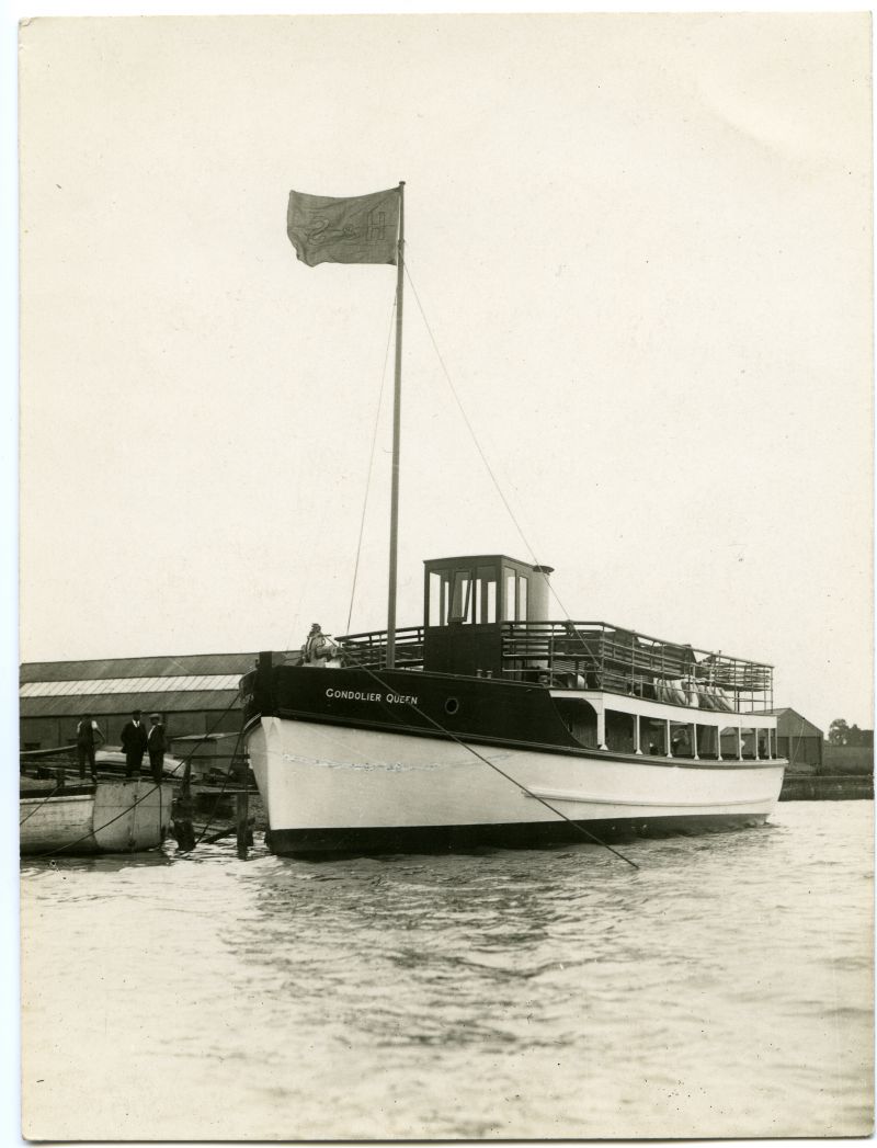  GONDOLIER QUEEN, built by Husk in 1929. One of the Dunkirk Little Ships. In 2010 she was still working as a trip boat in Devon, under the name MY QUEEN. 
Cat1 Places-->Wivenhoe-->Shipyards Cat2 Ships and Boats-->Merchant -->Power