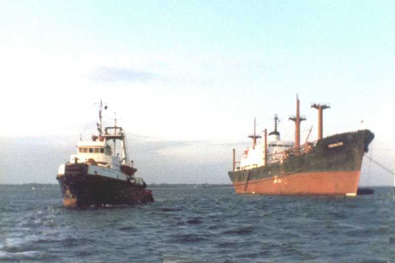 Spanish tug AZNAR JOSE LUIS about to tow PROTOKLITOS to Bilbao for breaking-up. Date: cJune 1983.